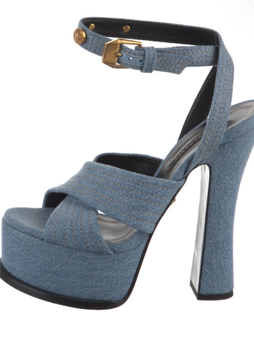 Versace Platform Ankle-Strap Denim Heels in Blue